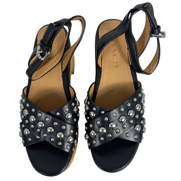 COACH Astor Silver Studded Platform Sandals Black Leather + Charm SZ 5.5 NWOB - Picture 2 of 7